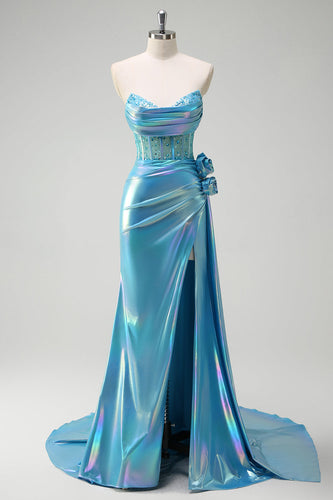 Metallic Blue Mermaid Strapless Corset Flowers Long Prom Dress