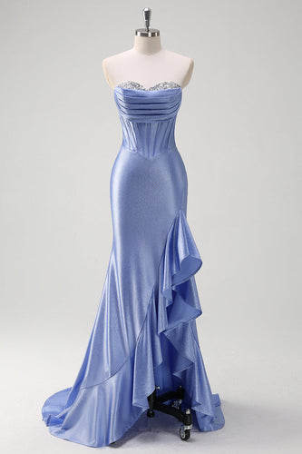 Sparkly Grey Blue Mermaid Strapless Corset Long Prom Dress