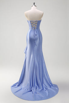 Sparkly Grey Blue Mermaid Strapless Corset Long Prom Dress