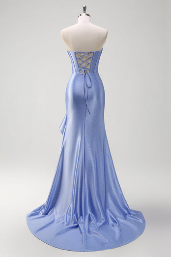 Sparkly Grey Blue Mermaid Strapless Corset Long Prom Dress