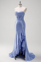 Load image into Gallery viewer, Sparkly Grey Blue Mermaid Strapless Corset Long Prom Dress