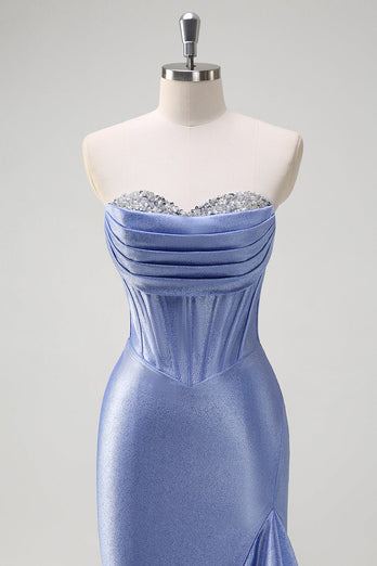Sparkly Grey Blue Mermaid Strapless Corset Long Prom Dress