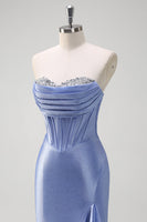 Load image into Gallery viewer, Sparkly Grey Blue Mermaid Strapless Corset Long Prom Dress
