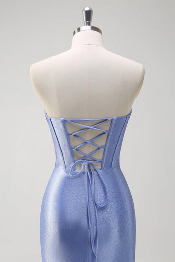 Sparkly Grey Blue Mermaid Strapless Corset Long Prom Dress