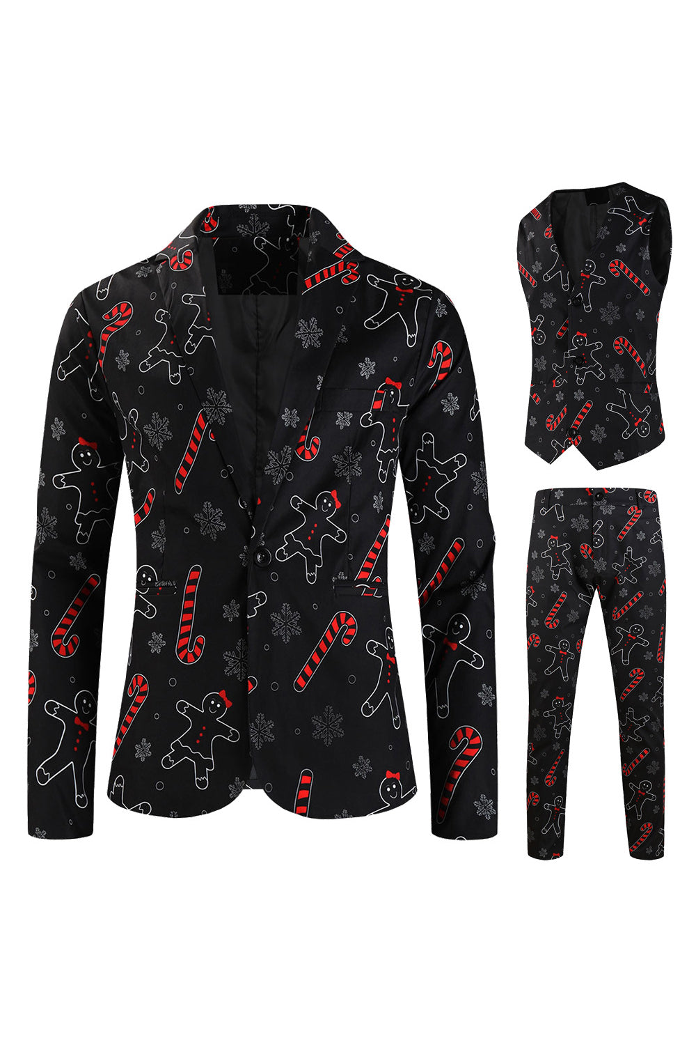 Zombie Man Cane Print Black Three Piece Men's Christmas Party Suit