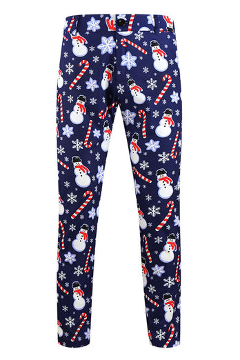 Navy Snowman Cane Print Three-piece Men's Christmas Party Suit