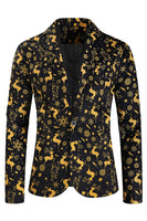 Load image into Gallery viewer, 3 Piece Black Single Button Yellow Reindeer Print Men&#39;s Christmas Suit