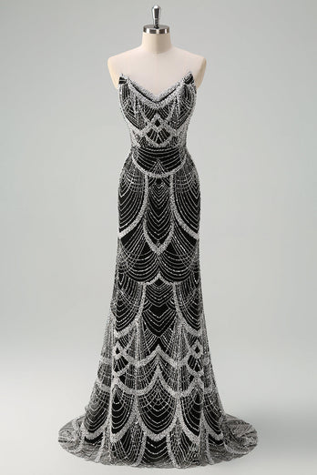 Dark Green Mermaid Strapless Sequins Corset Prom Dress