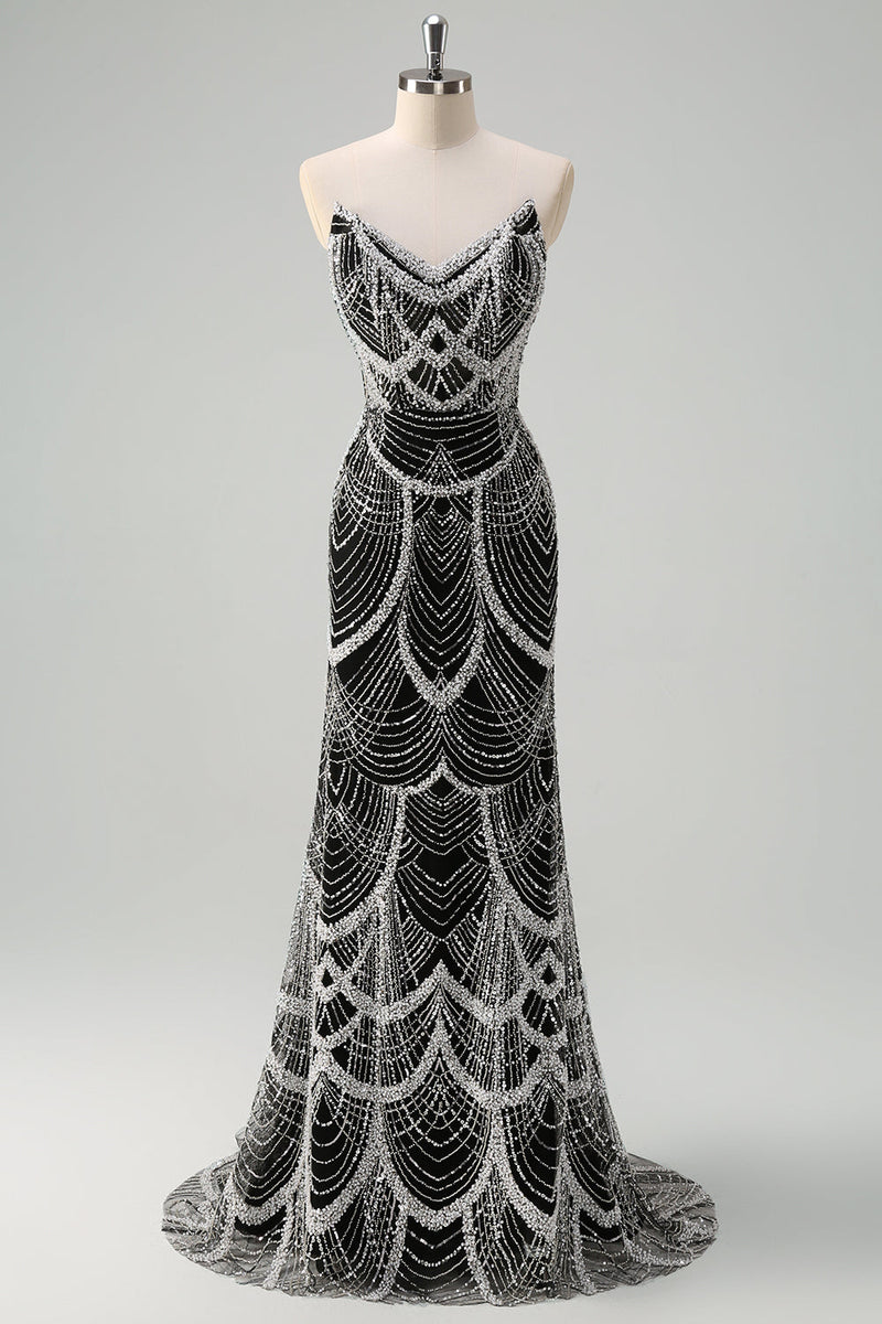Load image into Gallery viewer, Dark Green Mermaid Strapless Sequins Corset Prom Dress