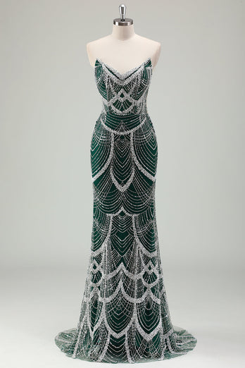 Dark Green Mermaid Strapless Sequins Corset Prom Dress