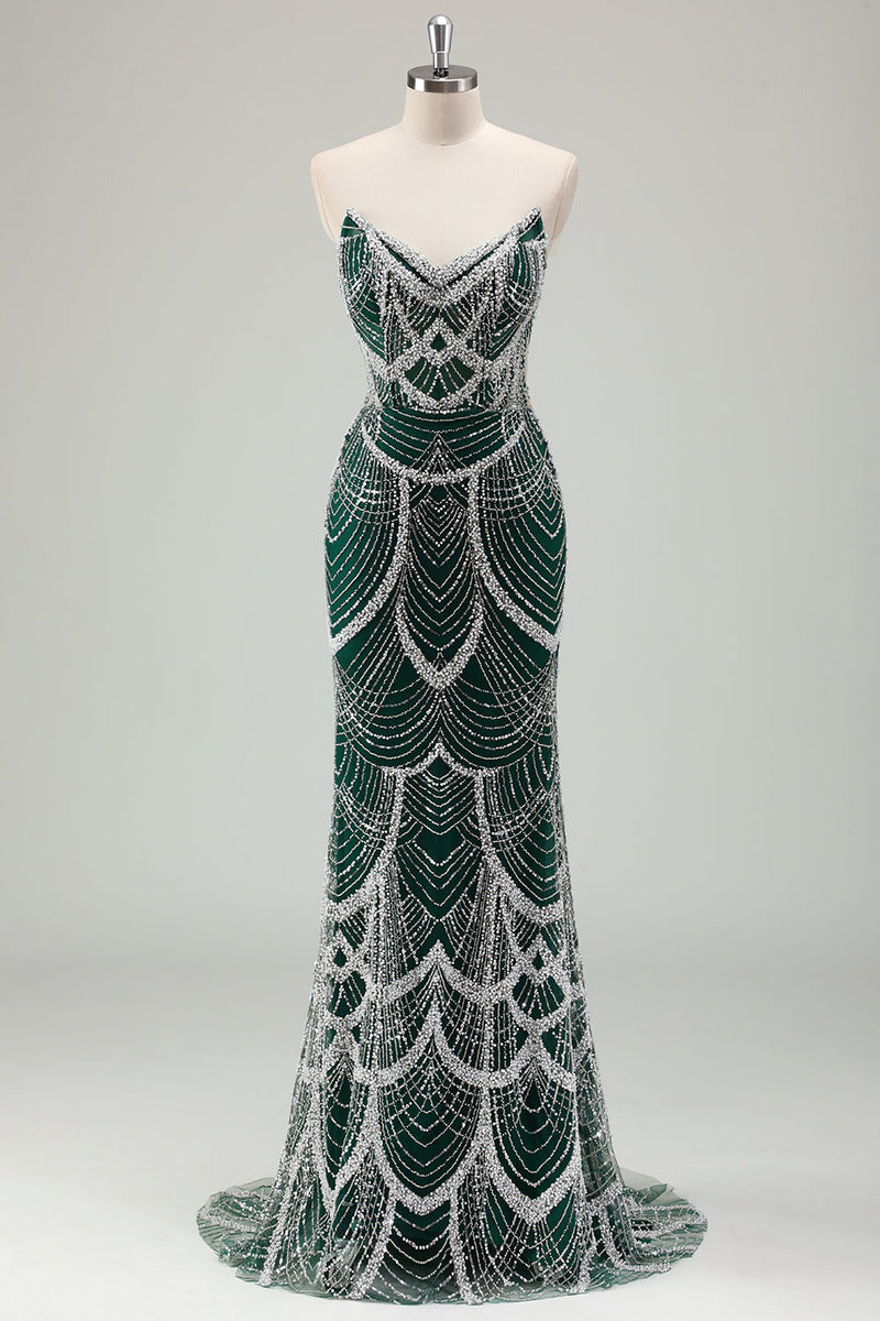 Load image into Gallery viewer, Dark Green Mermaid Strapless Sequins Corset Prom Dress