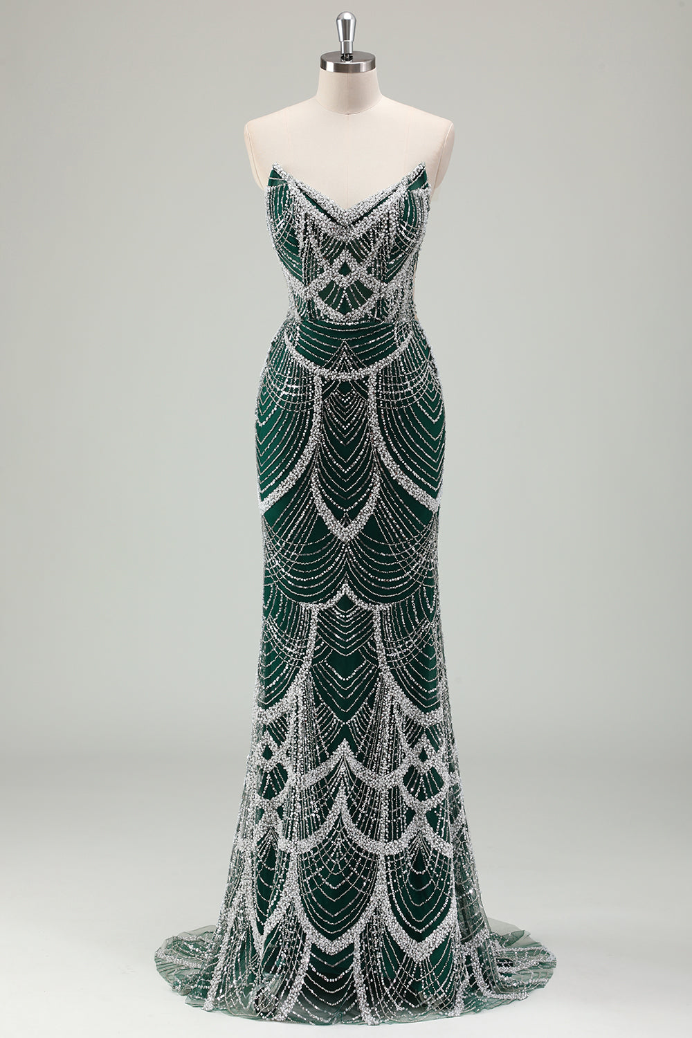 Dark Green Mermaid Strapless Sequins Corset Prom Dress