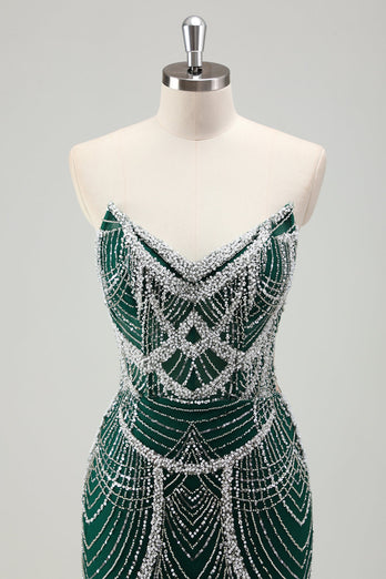 Dark Green Mermaid Strapless Sequins Corset Prom Dress