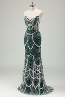 Load image into Gallery viewer, Dark Green Mermaid Strapless Sequins Corset Prom Dress