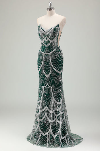 Dark Green Mermaid Strapless Sequins Corset Prom Dress