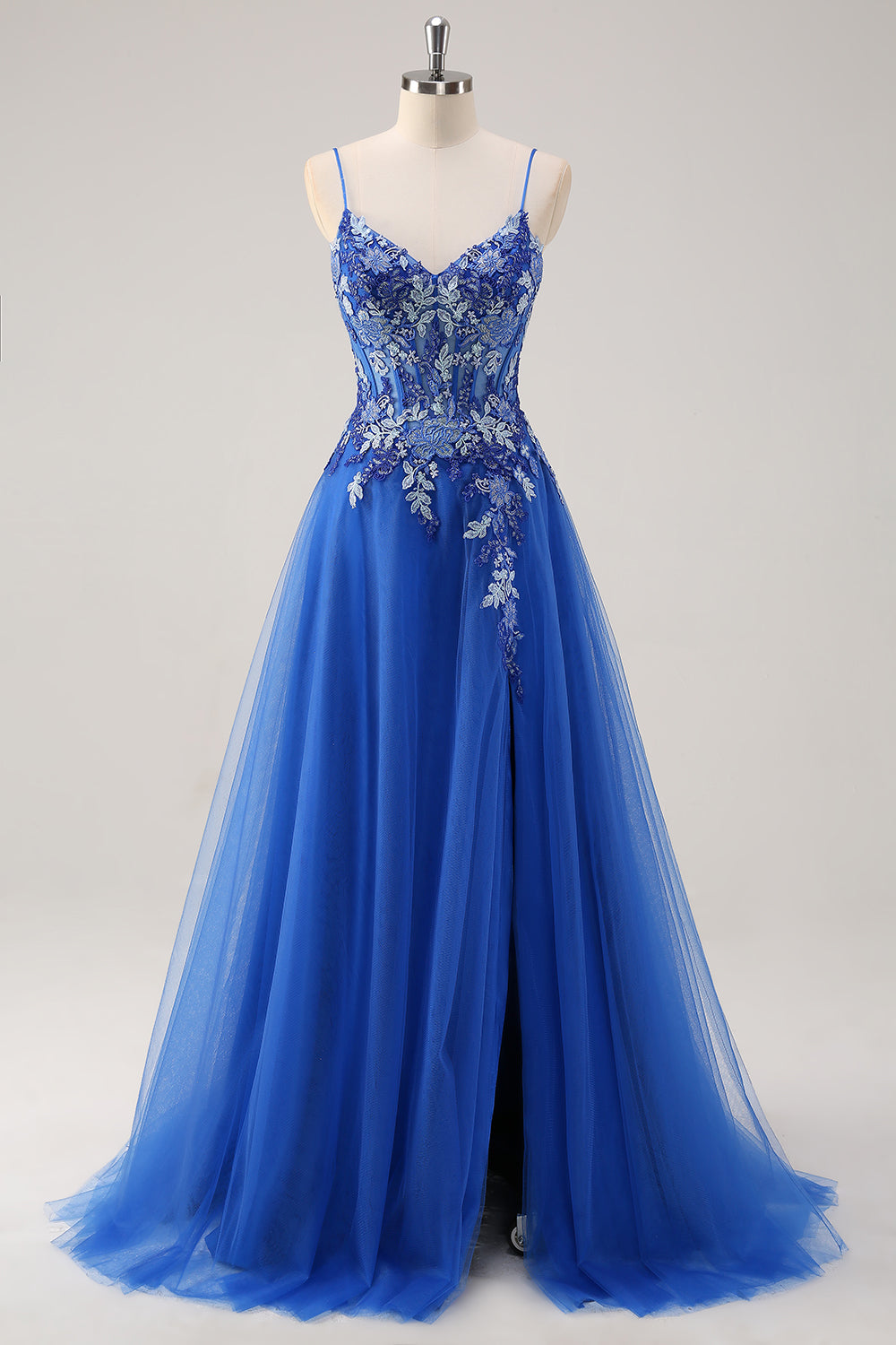 Royal Blue A Line Spaghetti Straps Corset Tulle Prom Dress