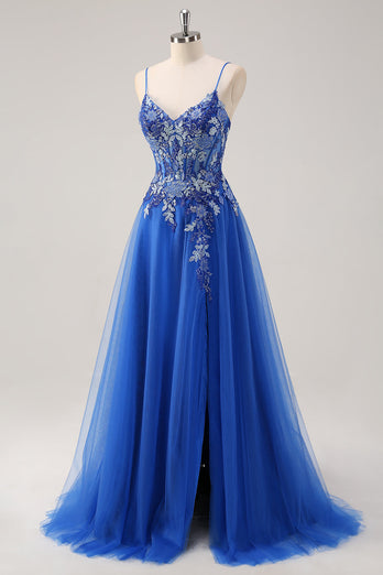 Royal Blue A Line Spaghetti Straps Corset Tulle Prom Dress
