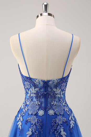 Royal Blue A Line Spaghetti Straps Corset Tulle Prom Dress