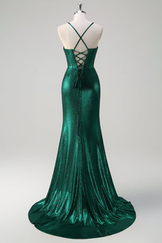 Glitter Dark Green Mermaid Corset Ruched Metallic Prom Dress