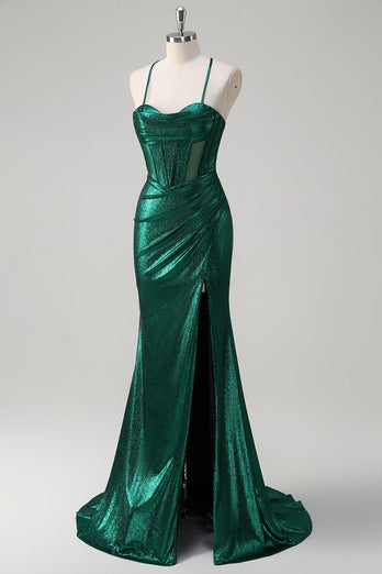 Glitter Dark Green Mermaid Corset Ruched Metallic Prom Dress
