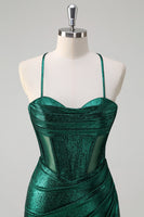 Load image into Gallery viewer, Glitter Dark Green Mermaid Corset Ruched Metallic Prom Dress