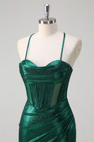 Load image into Gallery viewer, Glitter Dark Green Mermaid Corset Ruched Metallic Prom Dress