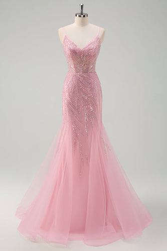 Sparkly Pink Mermaid Spaghetti Straps Sequins Corset Prom Dress