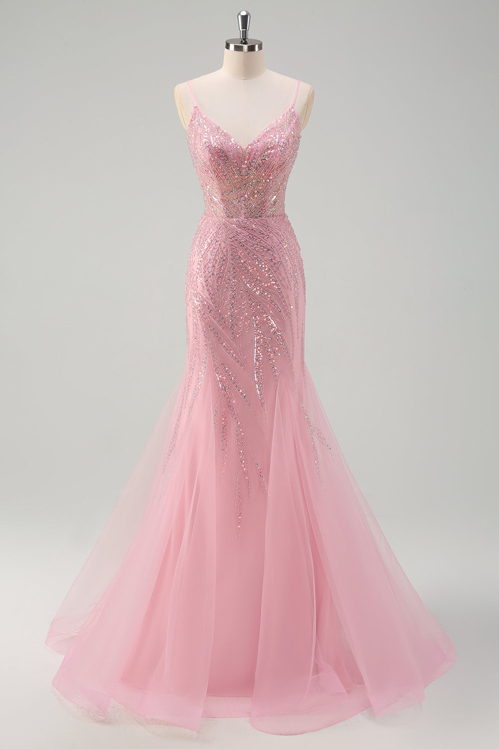 Sparkly Pink Mermaid Spaghetti Straps Sequins Corset Prom Dress
