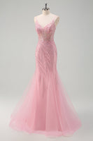 Load image into Gallery viewer, Sparkly Pink Mermaid Spaghetti Straps Sequins Corset Prom Dress