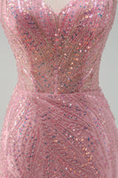 Load image into Gallery viewer, Sparkly Pink Mermaid Spaghetti Straps Sequins Corset Prom Dress