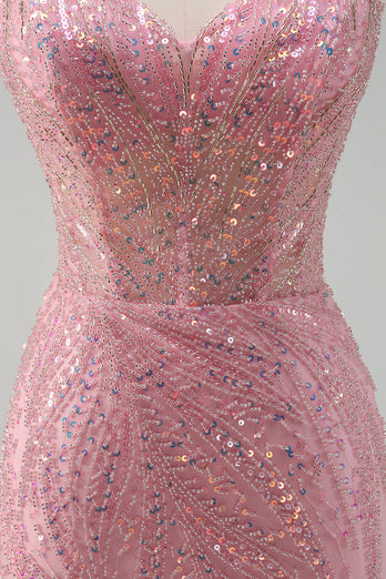 Sparkly Pink Mermaid Spaghetti Straps Sequins Corset Prom Dress