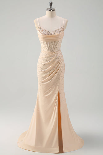 Glitter Yellow Mermaid Beaded Long Corset Prom Dress
