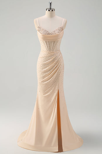 Glitter Yellow Mermaid Beaded Long Corset Prom Dress