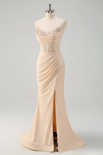 Glitter Yellow Mermaid Beaded Long Corset Prom Dress