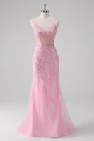 Load image into Gallery viewer, Mermaid Pink Spaghetti Straps Sequin Corset Long Prom Dress