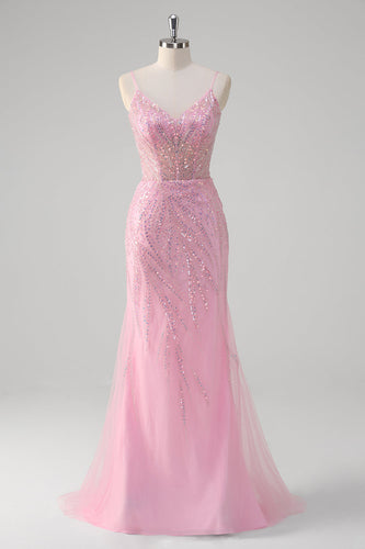 Mermaid Pink Spaghetti Straps Sequin Corset Long Prom Dress
