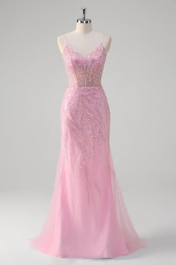 Mermaid Pink Spaghetti Straps Sequin Corset Long Prom Dress