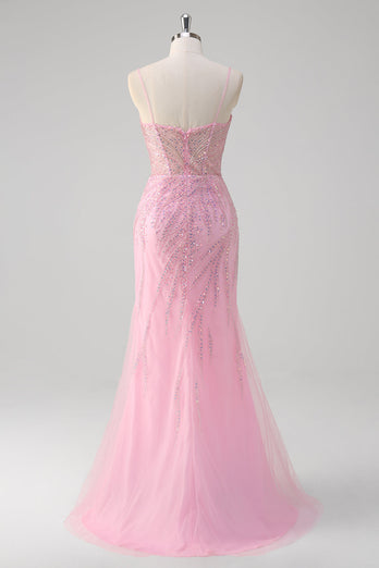 Mermaid Pink Spaghetti Straps Sequin Corset Long Prom Dress