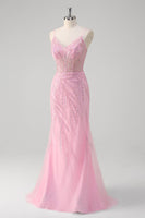 Load image into Gallery viewer, Mermaid Pink Spaghetti Straps Sequin Corset Long Prom Dress