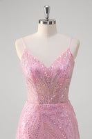 Load image into Gallery viewer, Mermaid Pink Spaghetti Straps Sequin Corset Long Prom Dress