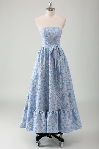 Blue Strapless Floral A Line Prom Dress with Belt