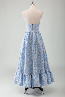 Blue Strapless Floral A Line Prom Dress with Belt