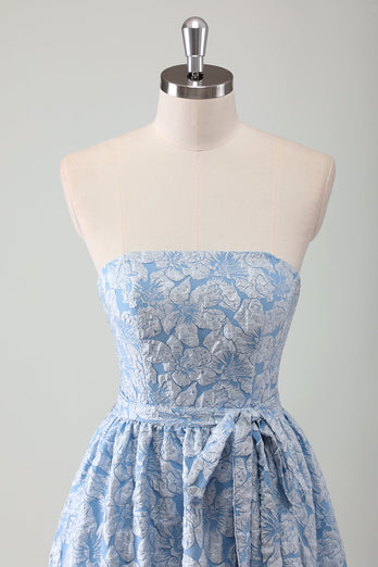 Blue Strapless Floral A Line Prom Dress with Belt