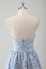 Load image into Gallery viewer, Blue Strapless Floral A Line Prom Dress with Belt