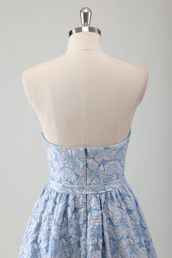 Blue Strapless Floral A Line Prom Dress with Belt