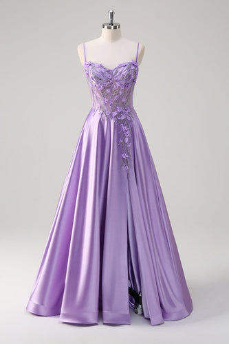Purple Spaghetti Straps A Line Floral Long Prom Dress with Slit