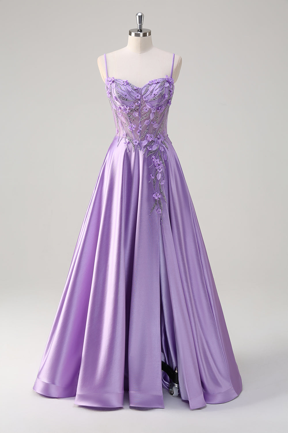 Purple Spaghetti Straps A Line Floral Long Prom Dress with Slit