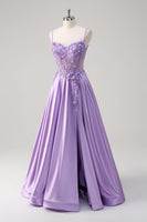 Load image into Gallery viewer, Purple Spaghetti Straps A Line Floral Long Prom Dress with Slit