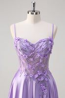 Load image into Gallery viewer, Purple Spaghetti Straps A Line Floral Long Prom Dress with Slit