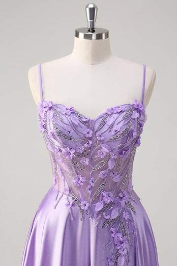 Purple Spaghetti Straps A Line Floral Long Prom Dress with Slit